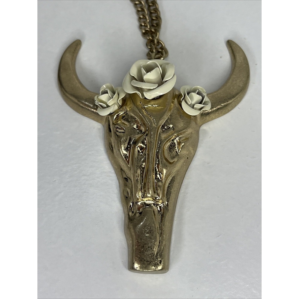 Long Horn‎ Bull Skull Cowboy White Rose Flower Pendant Chain Link Necklace